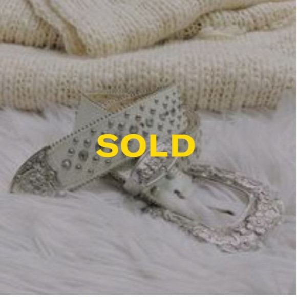 White Italian Leather Rhinestone and Silver Belt main image 4